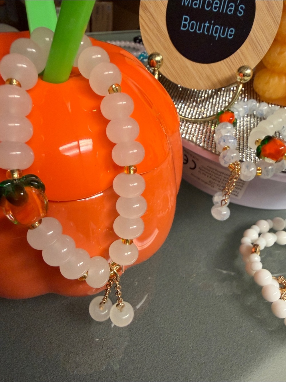 Beaded Stretch Bracelet with pumpkin 🎃 Gold Accents